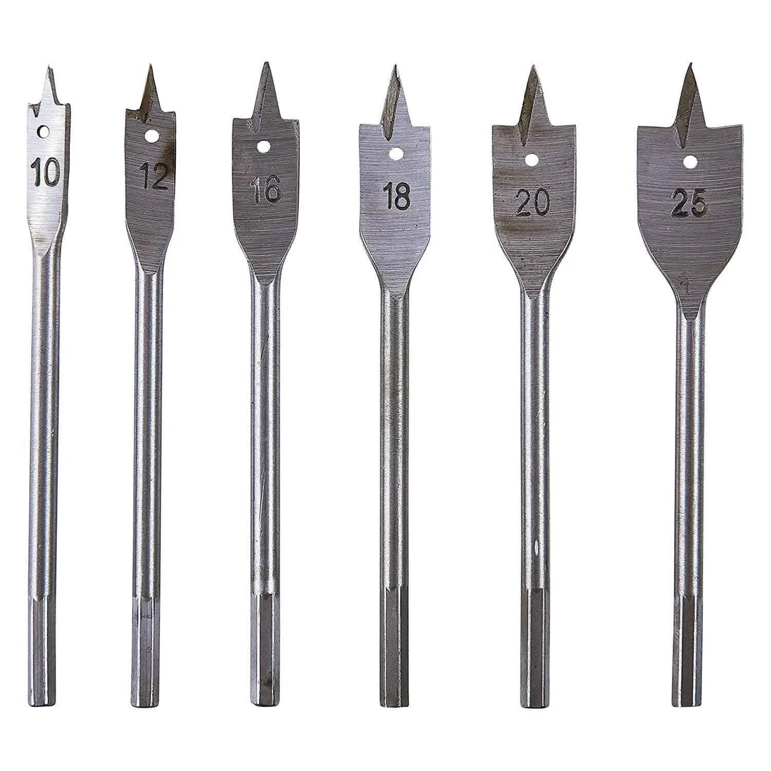 tooltime 6Pc Carbon Steel Flat Wood Drill Bit Set 1/4" Hex Shanks 10Mm - 25Mm Bits