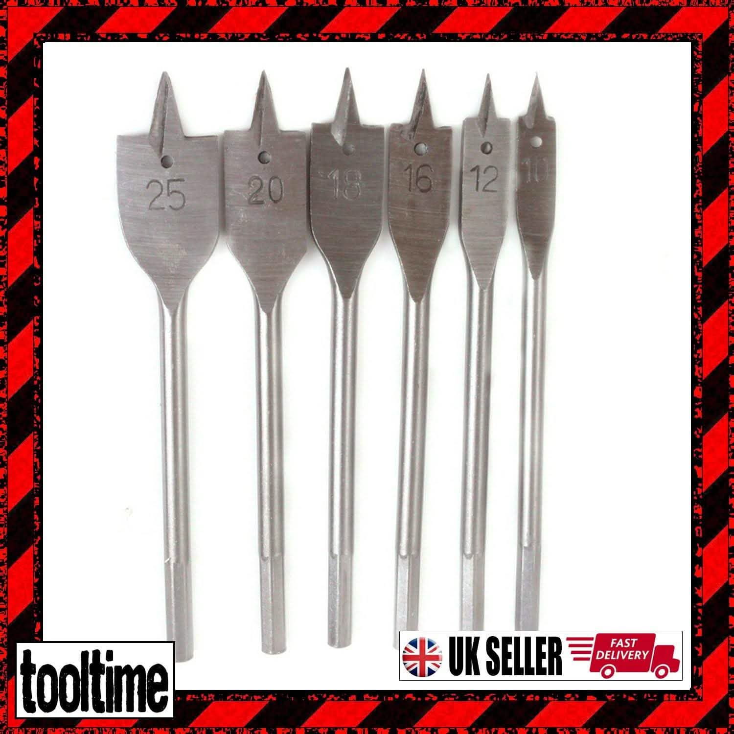 tooltime 6Pc Flat Spade Wood Boring Hole Saw Cutter Drill Bit Set 10,12,16,18,20,25Mm