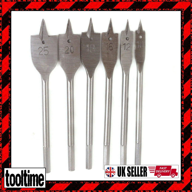 tooltime 6Pc Flat Spade Wood Boring Hole Saw Cutter Drill Bit Set 10,12,16,18,20,25Mm