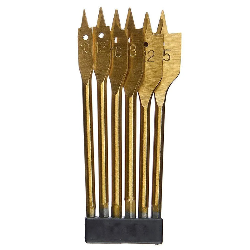 tooltime 6Pc Titanium Coated Flat Wood Drill Bit Set With 1/4" Hex Shanks 10Mm-25Mm Bits