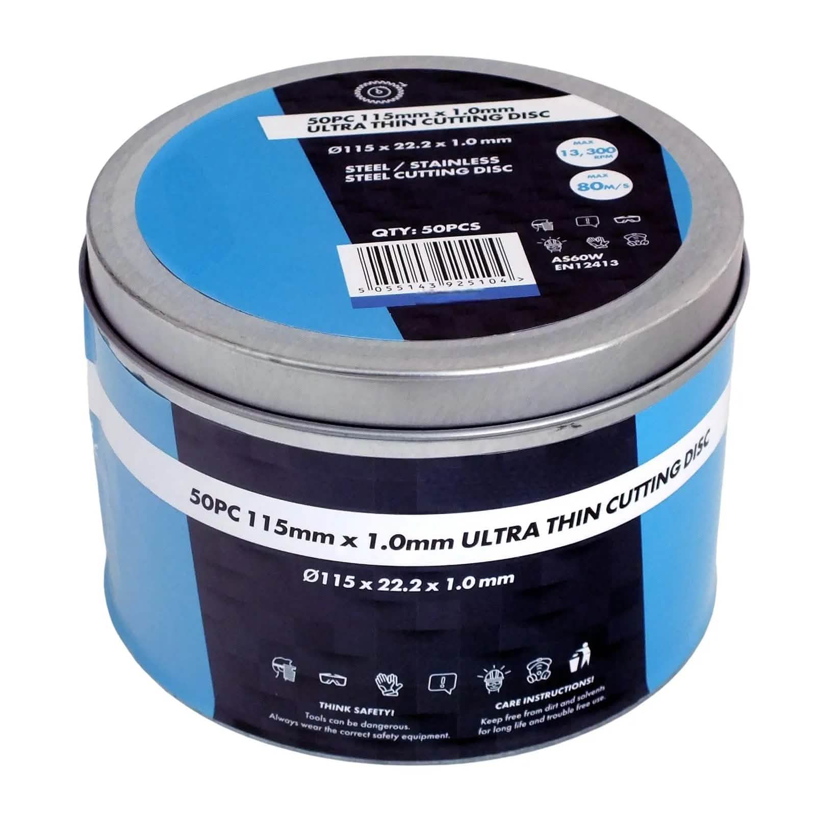tooltime.co.uk Angle Grinder Discs Pack of 50 Ultra Thin Cutting Discs for Steel and Stainless Steel | 1 x 115 x 22.2mm | Includes Storage Tin