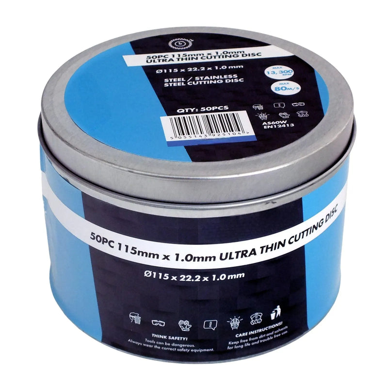 tooltime.co.uk Angle Grinder Discs Pack of 50 Ultra Thin Cutting Discs for Steel and Stainless Steel | 1 x 115 x 22.2mm | Includes Storage Tin