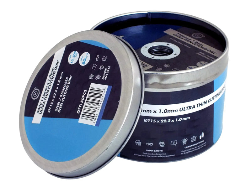 tooltime.co.uk Angle Grinder Discs Pack of 50 Ultra Thin Cutting Discs for Steel and Stainless Steel | 1 x 115 x 22.2mm | Includes Storage Tin