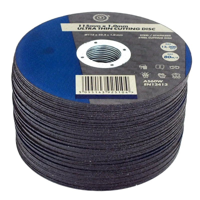 tooltime.co.uk Angle Grinder Discs Pack of 50 Ultra Thin Cutting Discs for Steel and Stainless Steel | 1 x 115 x 22.2mm | Includes Storage Tin
