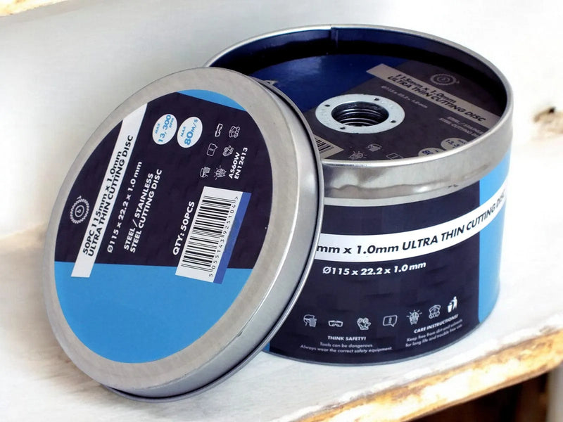 tooltime.co.uk Angle Grinder Discs Pack of 50 Ultra Thin Cutting Discs for Steel and Stainless Steel | 1 x 115 x 22.2mm | Includes Storage Tin