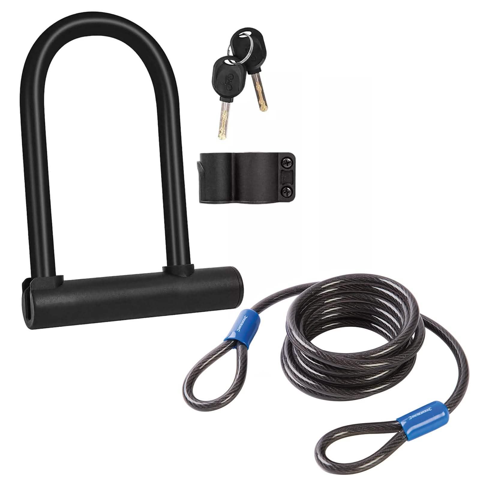 tooltime.co.uk Bike Lock and Cable U-Shaped Bike Lock + 2.5m Steel Security Cable Bracket & 2 Keys