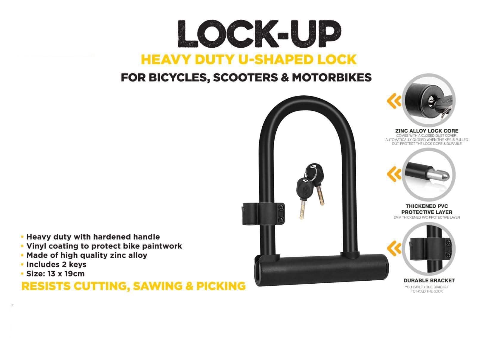 tooltime.co.uk Bike Lock and Cable U-Shaped Bike Lock + 2.5m Steel Security Cable Bracket & 2 Keys