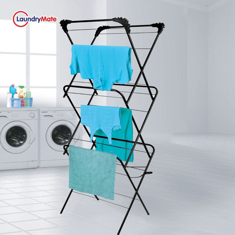 tooltime.co.uk Clothes Airer 3 Tier Laundry Airer Folding Clothes Horse plus 20 Pegs | Black or Silver