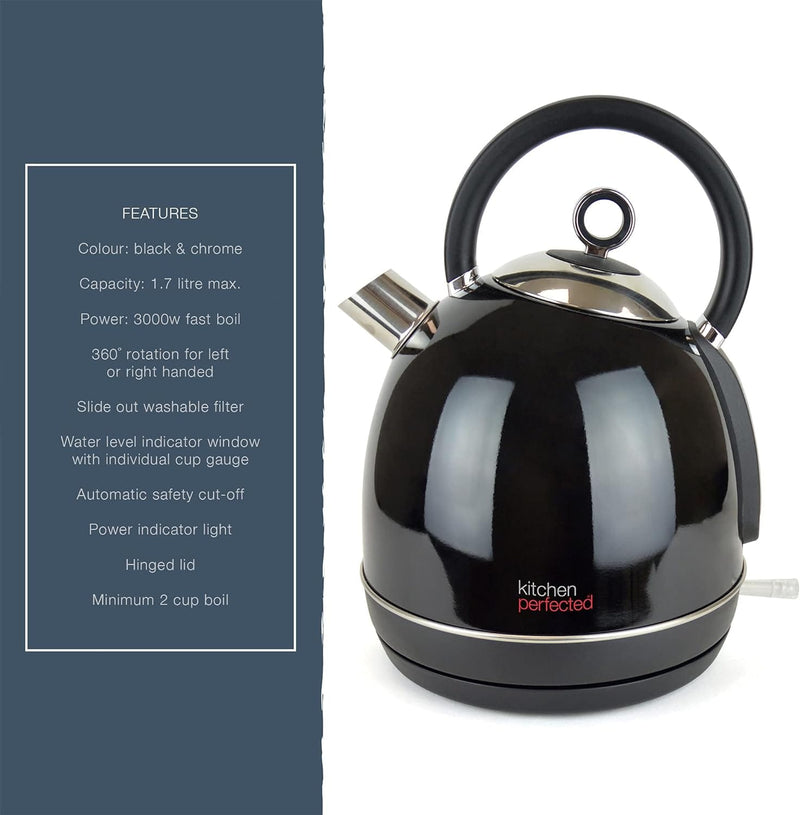 tooltime.co.uk Cordless Electric Kettle Black Stainless Steel Rapid Boil Domed Kettle 3000w 1.7L Removable Filter