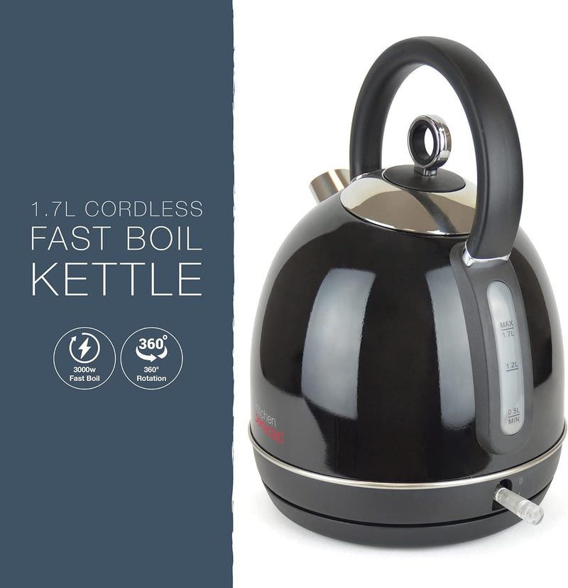 tooltime.co.uk Cordless Electric Kettle Black Stainless Steel Rapid Boil Domed Kettle 3000w 1.7L Removable Filter