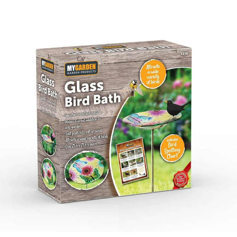 tooltime.co.uk Glass Bird Bath Outdoor Garden Freestanding Water Bowl Seed Feeder Feeding Dish