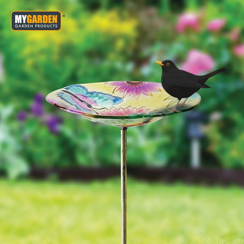 tooltime.co.uk Glass Bird Bath Outdoor Garden Freestanding Water Bowl Seed Feeder Feeding Dish