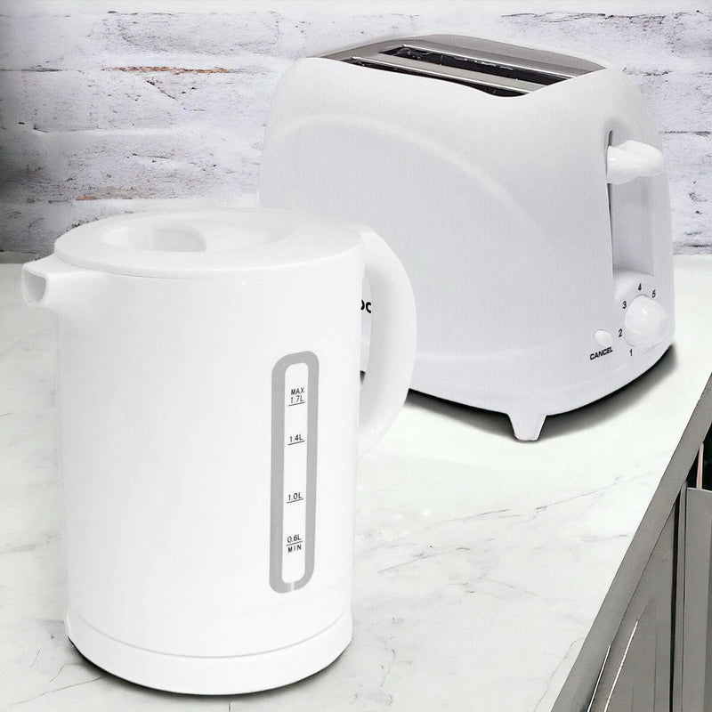 tooltime.co.uk Kettle & Toaster Set White 1.7L Cordless Electric Kettle & 2 Slice Toaster Set