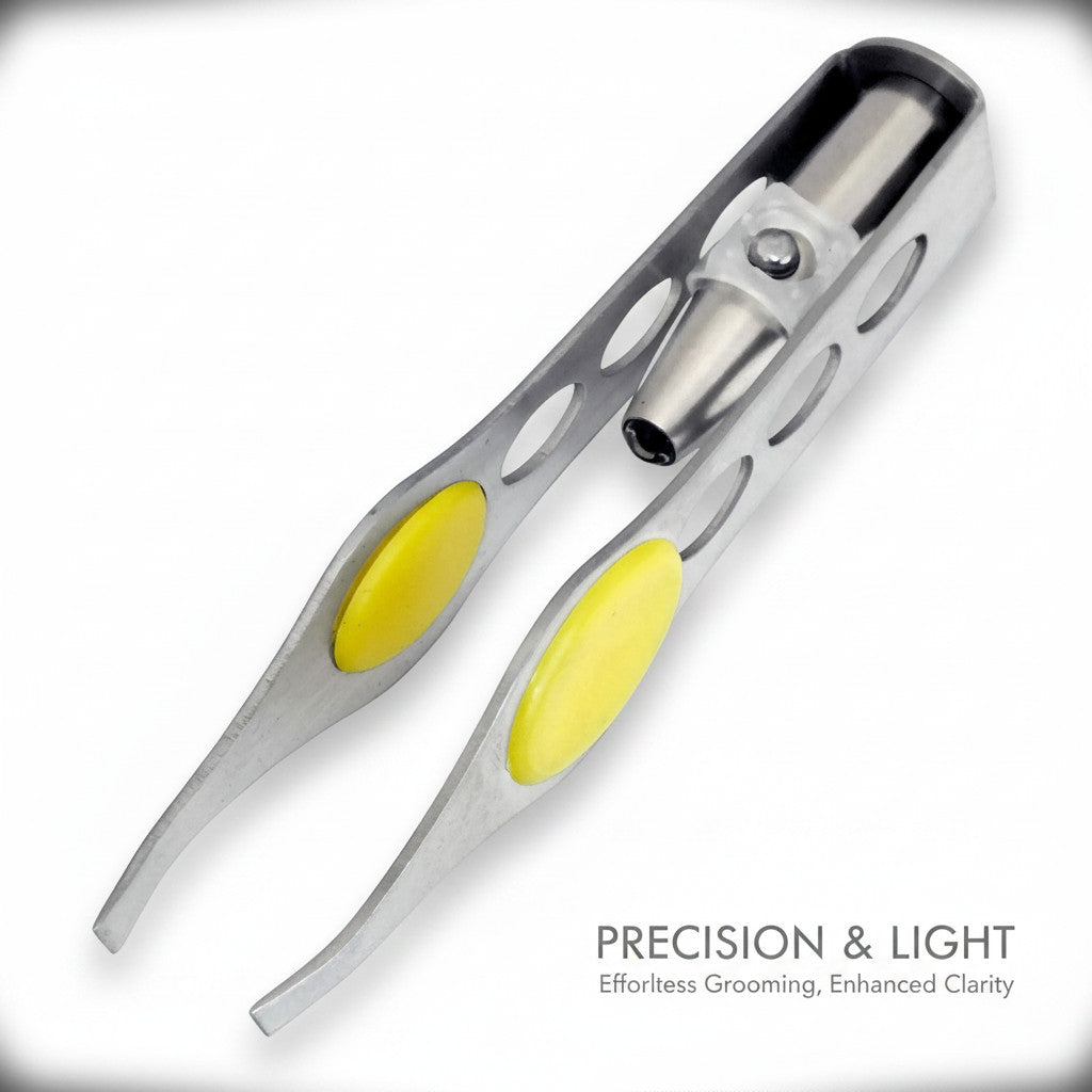 tooltime.co.uk stainless steel precision tweezers with integrated LED light and yellow grip pads for detailed work
