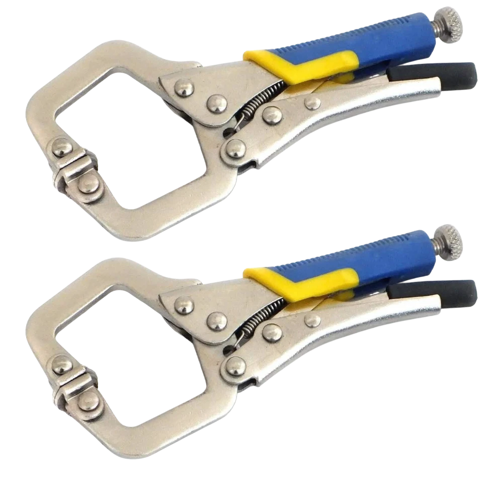 tooltime.co.uk mini locking C-clamp with satin nickel finish, quick release lever, and blue and yellow soft-grip handle