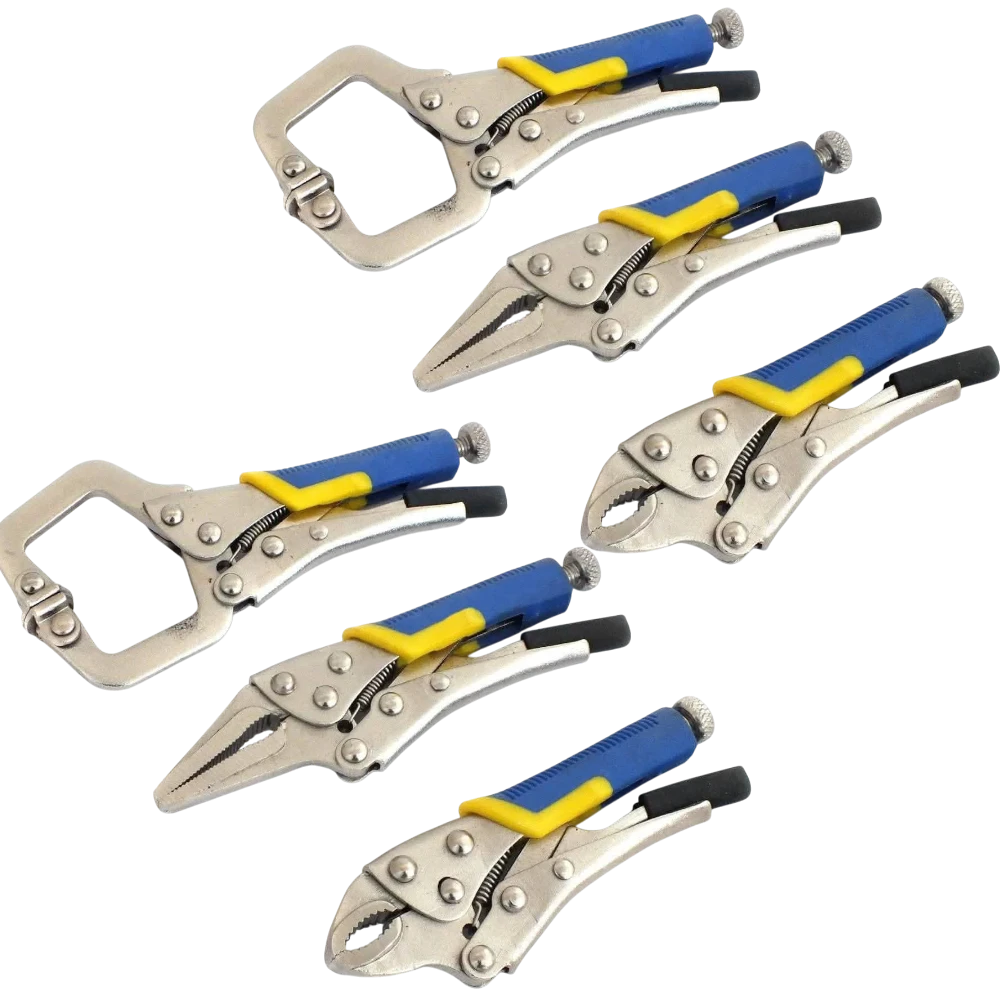 tooltime.co.uk 6-piece mini locking pliers set with satin nickel finish, quick release, and blue-yellow grip handles