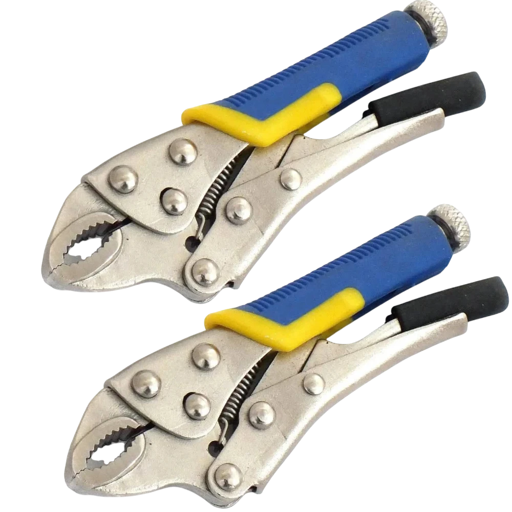 tooltime.co.uk pair of mini locking pliers with satin nickel finish, blue and yellow soft-grip handles, and steel jaws