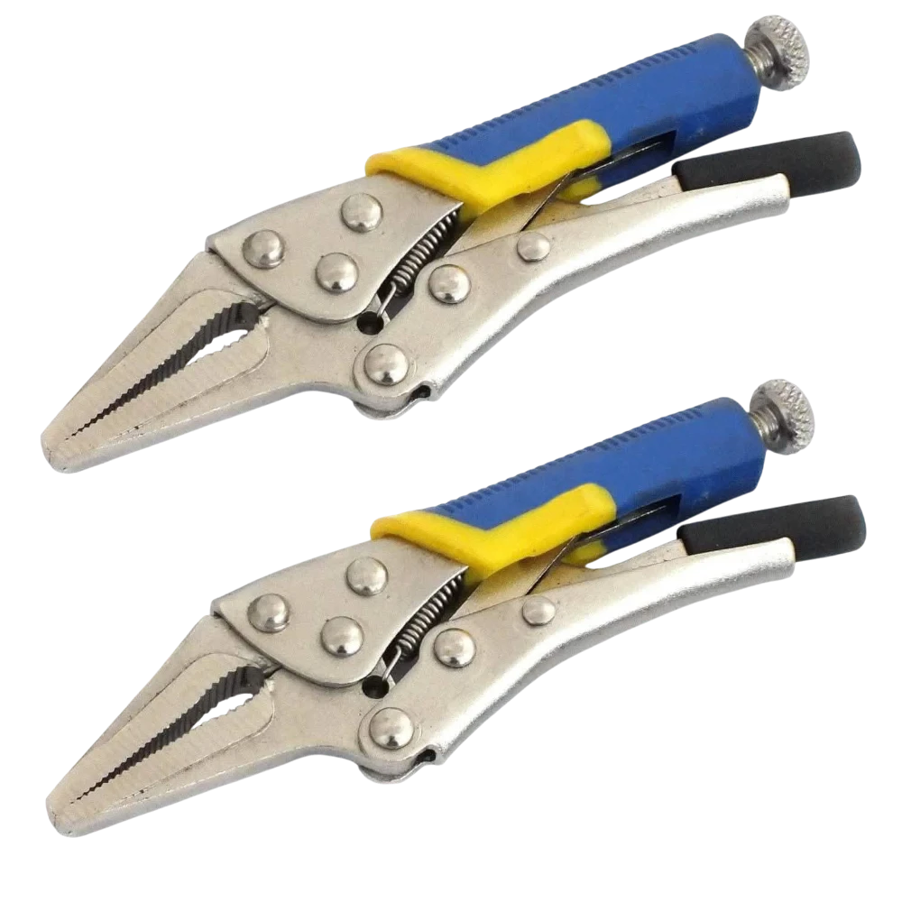 tooltime.co.uk mini locking long-nose pliers with satin nickel finish, quick release lever, and blue yellow grip