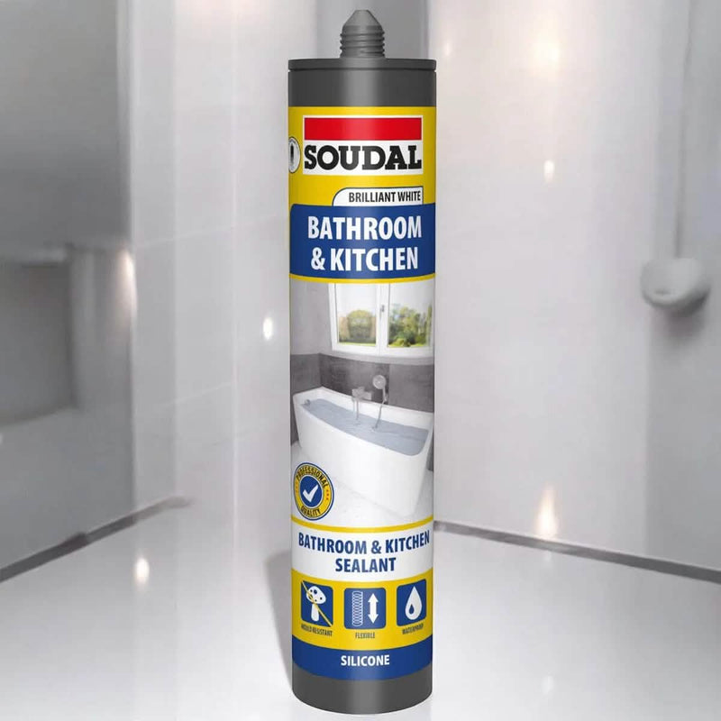 tooltime.co.uk Silicone Sealant 6 x Soudal Kitchen and Bathroom Silicone Sealant | Waterproof Flexible Filler | White or Clear 290ml