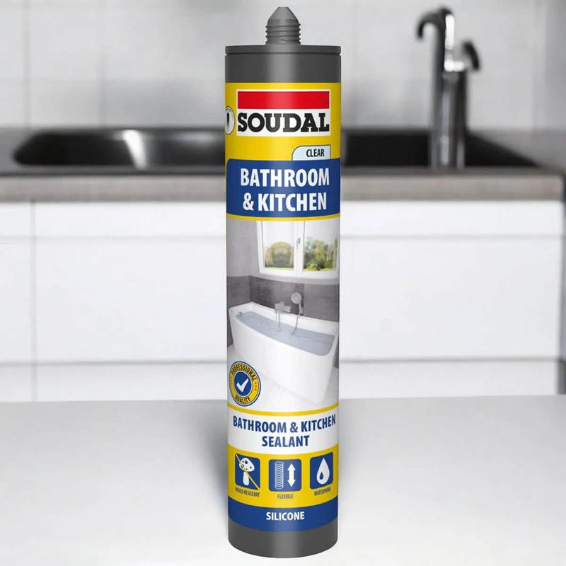 tooltime.co.uk Silicone Sealant 6 x Soudal Kitchen and Bathroom Silicone Sealant | Waterproof Flexible Filler | White or Clear 290ml