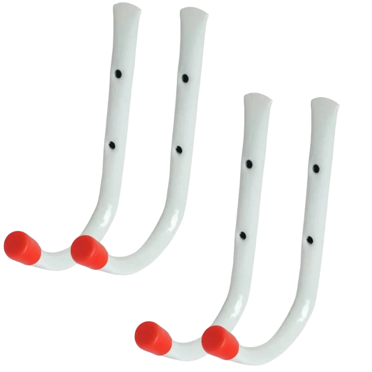 tooltime.co.uk set of four white steel wall-mounted storage hooks with protective red plastic end caps for garage use