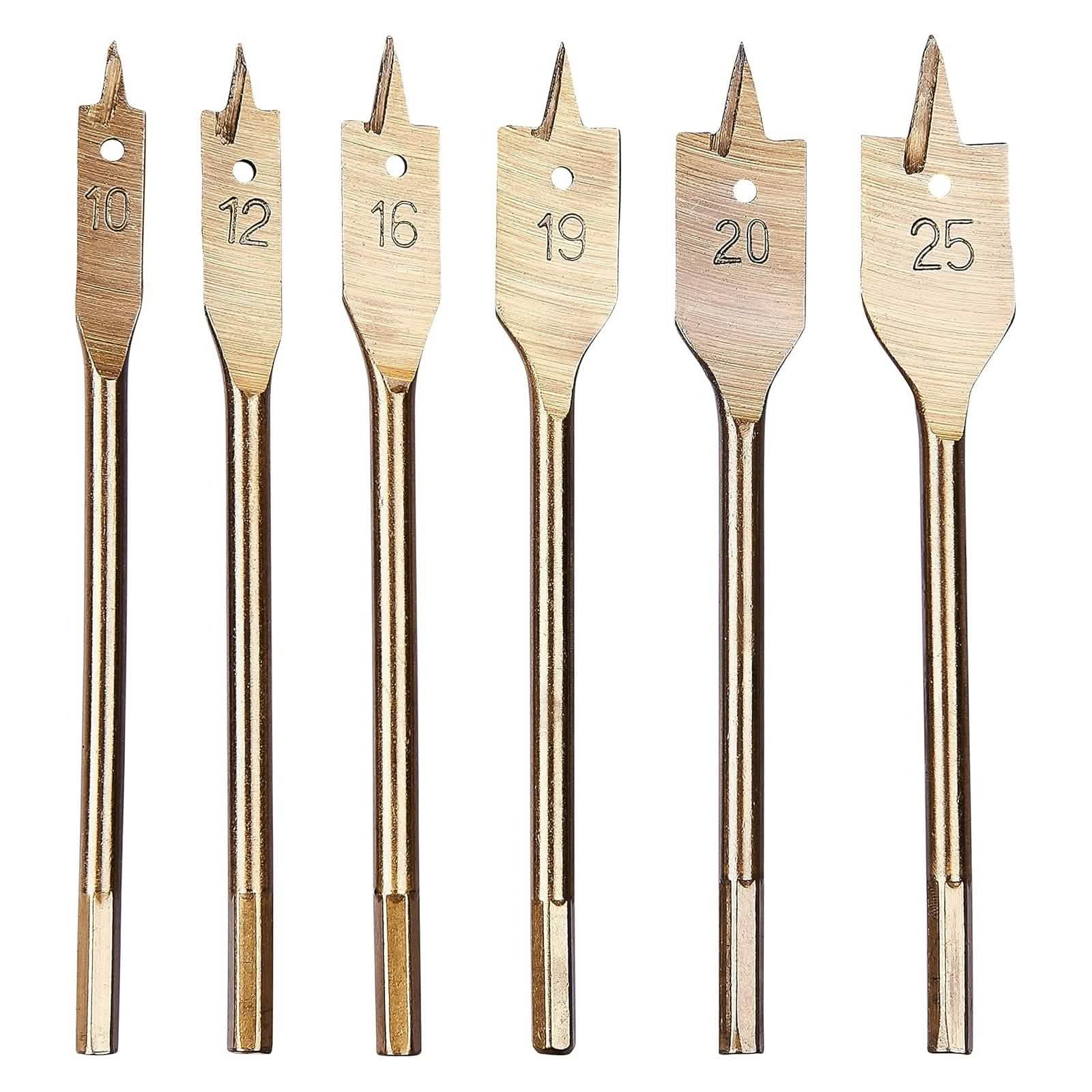 tooltime.co.uk Wood Drill Bit Set 6 Piece Flat Wood Drill Bit Set | 10mm-25mm Titanium Coated Spade Bits with 1/4" Hex Shanks