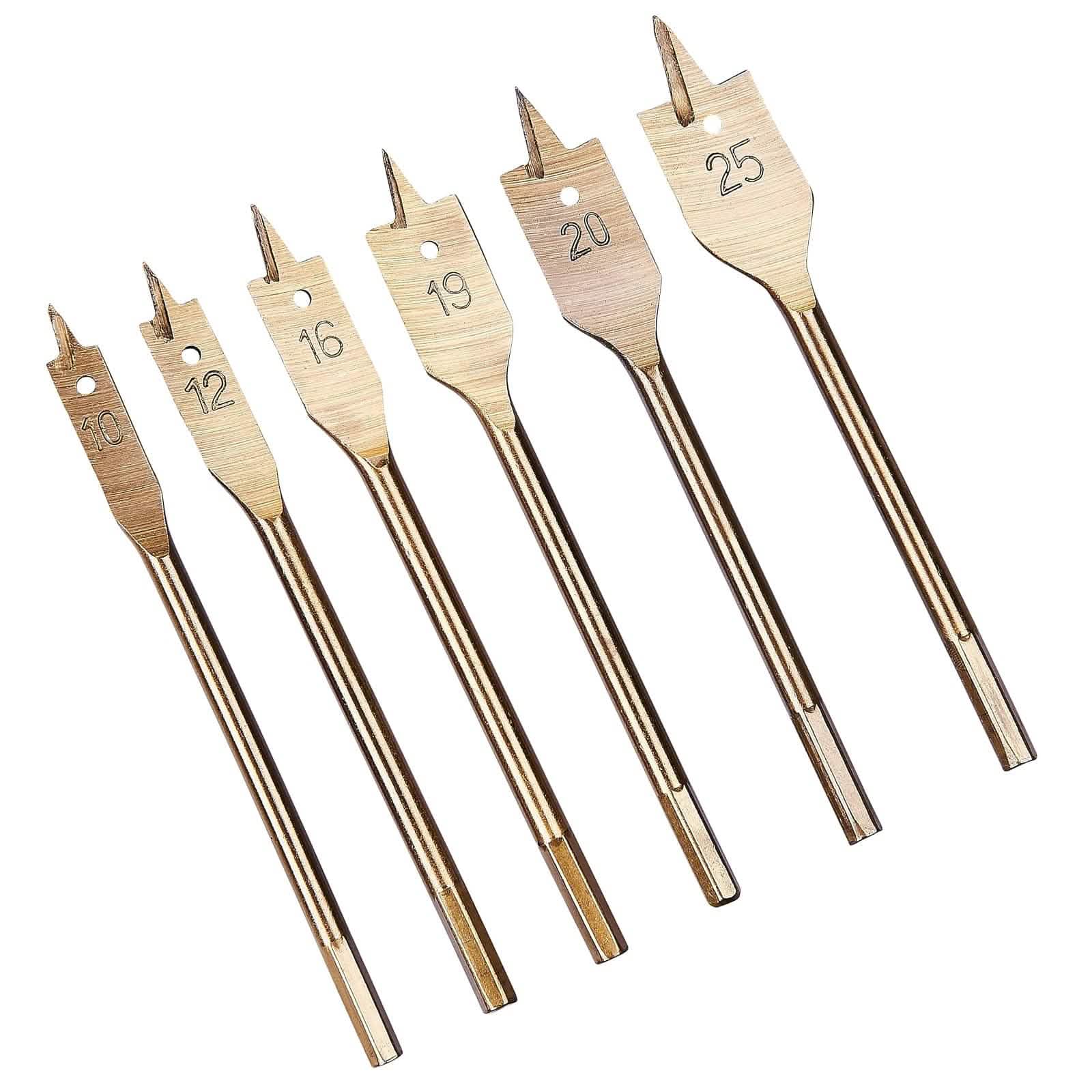 tooltime.co.uk Wood Drill Bit Set 6 Piece Flat Wood Drill Bit Set | 10mm-25mm Titanium Coated Spade Bits with 1/4" Hex Shanks
