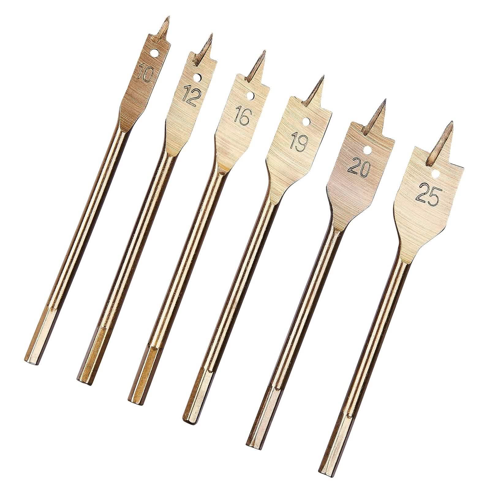 tooltime.co.uk Wood Drill Bit Set 6 Piece Flat Wood Drill Bit Set | 10mm-25mm Titanium Coated Spade Bits with 1/4" Hex Shanks