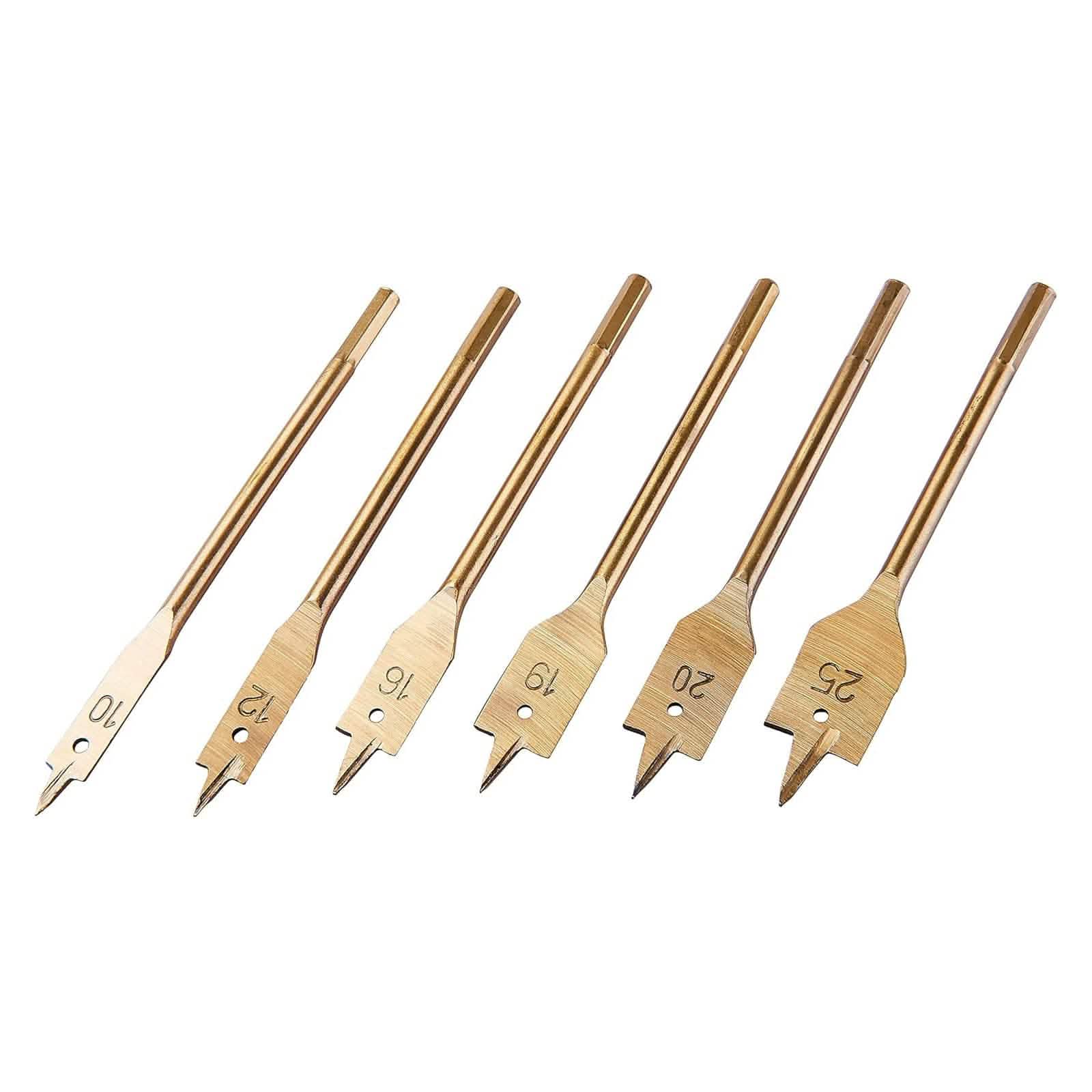 tooltime.co.uk Wood Drill Bit Set 6 Piece Flat Wood Drill Bit Set | 10mm-25mm Titanium Coated Spade Bits with 1/4" Hex Shanks