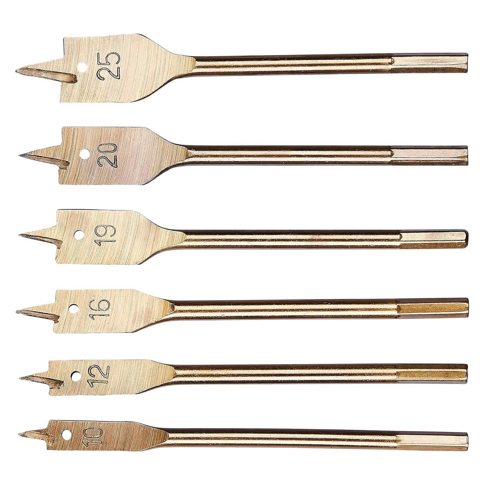 tooltime.co.uk Wood Drill Bit Set 6 Piece Flat Wood Drill Bit Set | 10mm-25mm Titanium Coated Spade Bits with 1/4" Hex Shanks