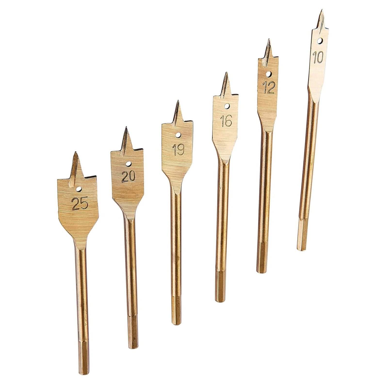 tooltime.co.uk Wood Drill Bit Set 6 Piece Flat Wood Drill Bit Set | 10mm-25mm Titanium Coated Spade Bits with 1/4" Hex Shanks