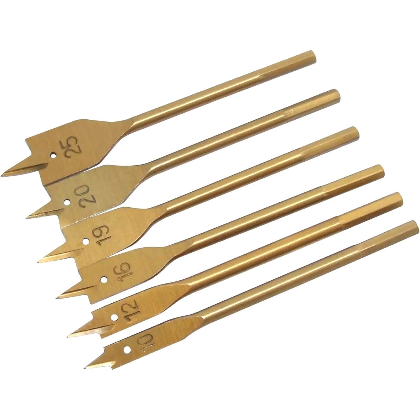 tooltime.co.uk Wood Drill Bit Set 6 Piece Flat Wood Drill Bit Set | 10mm-25mm Titanium Coated Spade Bits with 1/4" Hex Shanks