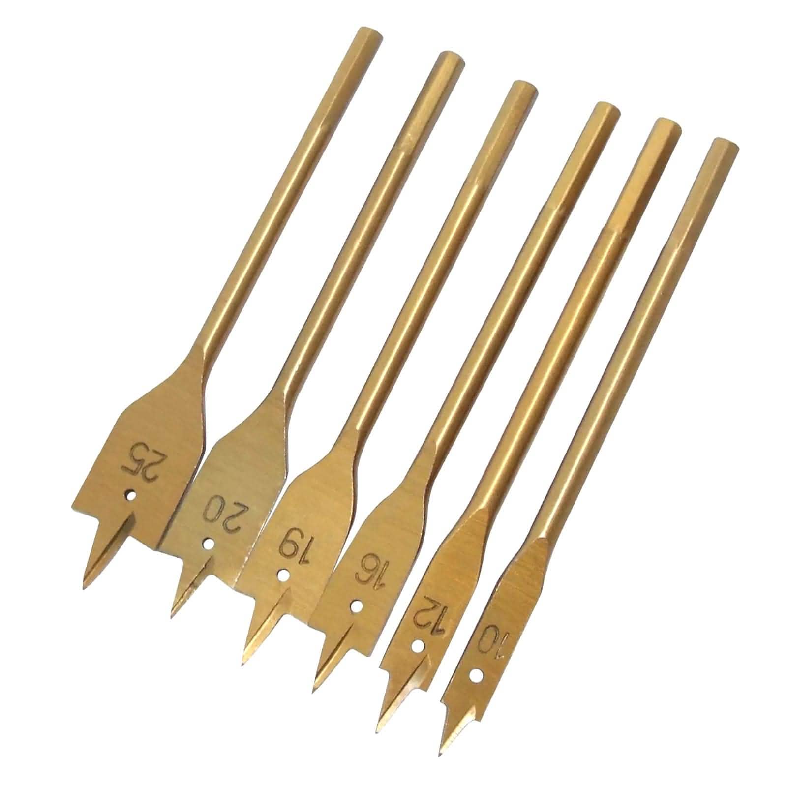 tooltime.co.uk Wood Drill Bit Set 6 Piece Flat Wood Drill Bit Set | 10mm-25mm Titanium Coated Spade Bits with 1/4" Hex Shanks