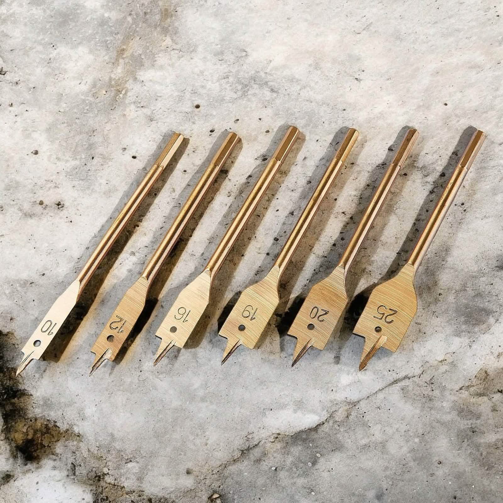 tooltime.co.uk Wood Drill Bit Set 6 Piece Flat Wood Drill Bit Set | 10mm-25mm Titanium Coated Spade Bits with 1/4" Hex Shanks