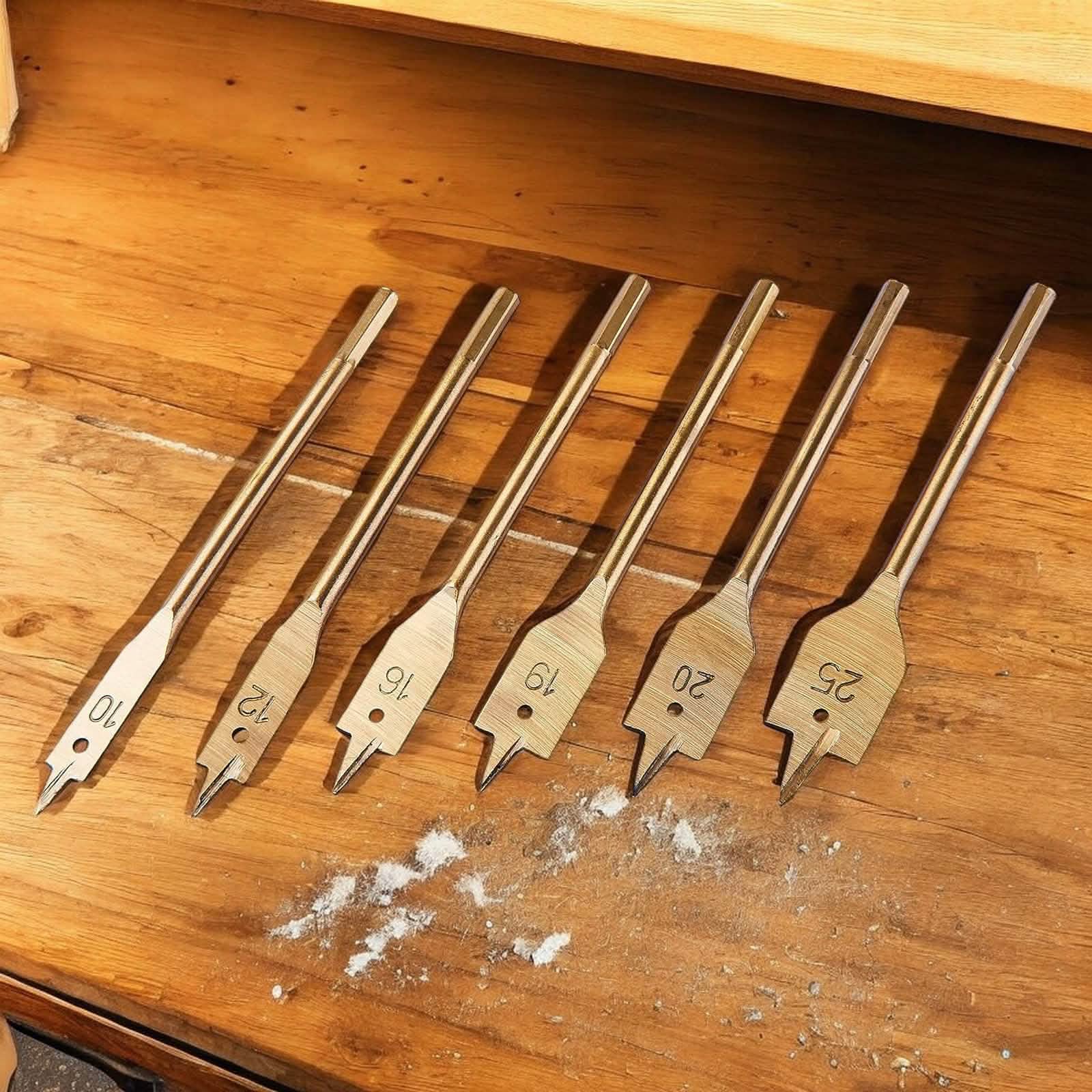tooltime.co.uk Wood Drill Bit Set 6 Piece Flat Wood Drill Bit Set | 10mm-25mm Titanium Coated Spade Bits with 1/4" Hex Shanks