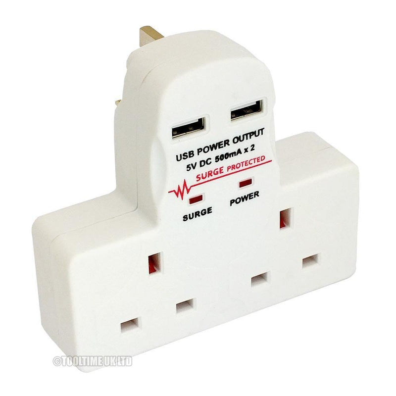 tooltime Double 2 Gang Socket C/W Twin 5V Usb Charger Ports 3 Pin Uk Mains Plug Adaptor