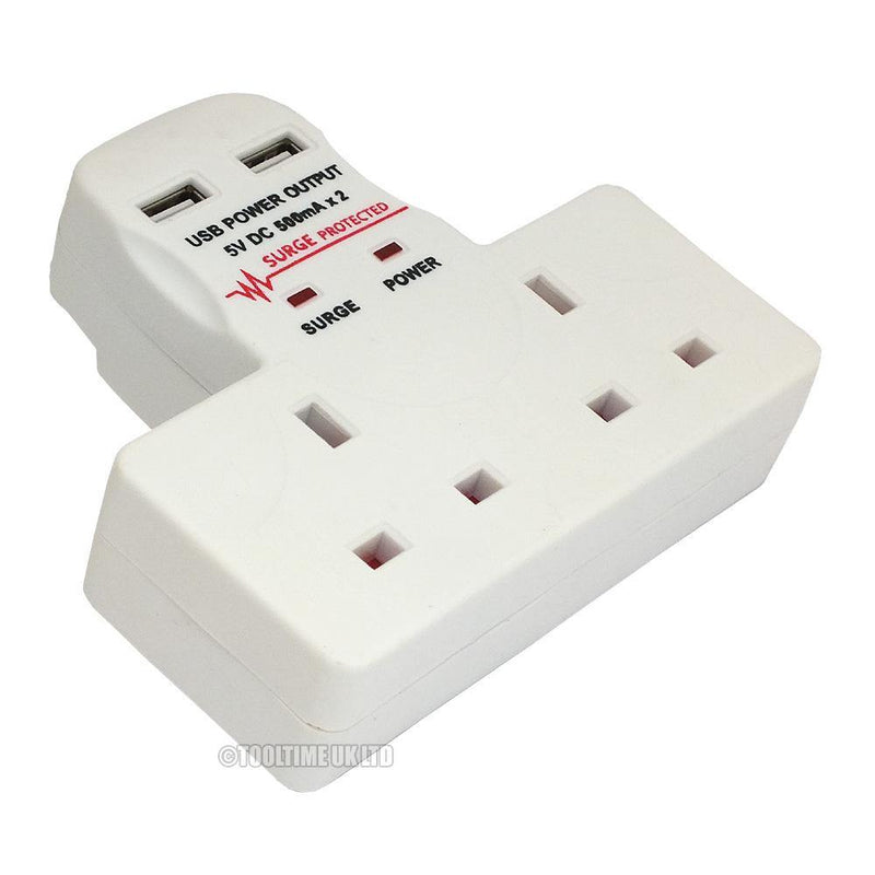 tooltime Double 2 Gang Socket C/W Twin 5V Usb Charger Ports 3 Pin Uk Mains Plug Adaptor
