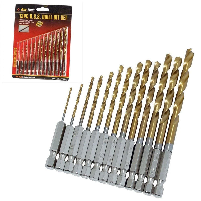 tooltime Drill Bits 13Pc Hss Titanium Coated Drill Bit Set 1/4" Hex Shanks 1.5Mm-6.5Mm Bits