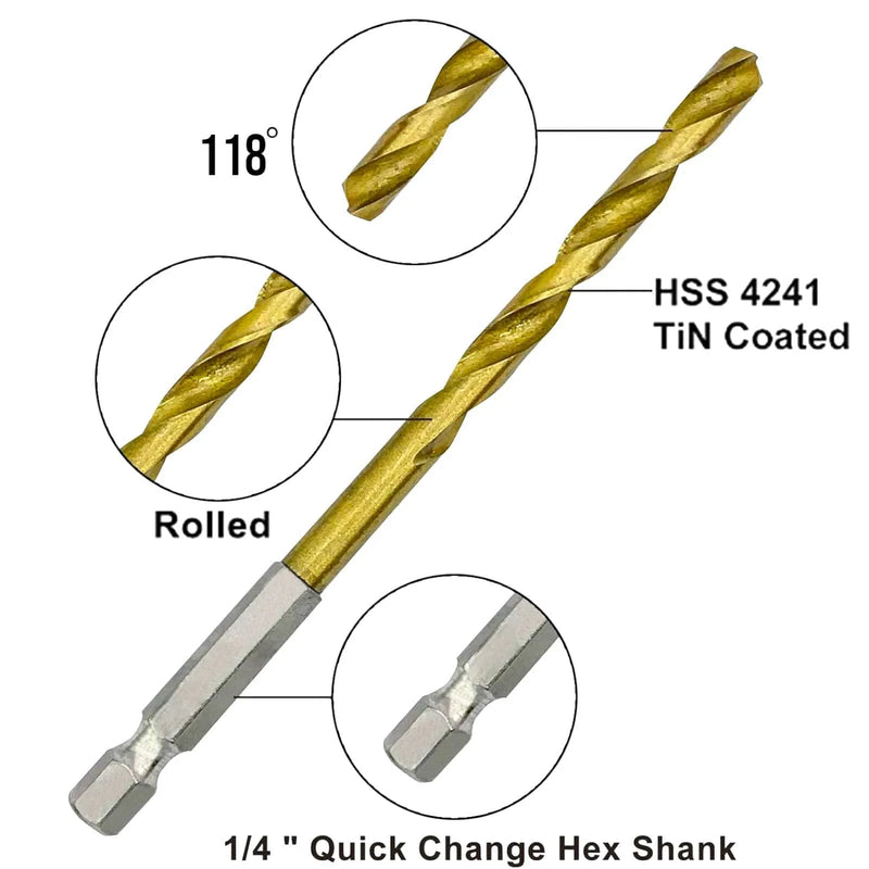 tooltime Drill Bits HSS Drill Bit Set 1/4" Hex Shanks 1.5mm - 4.8mm Titanium Coated Bits Wood Metal