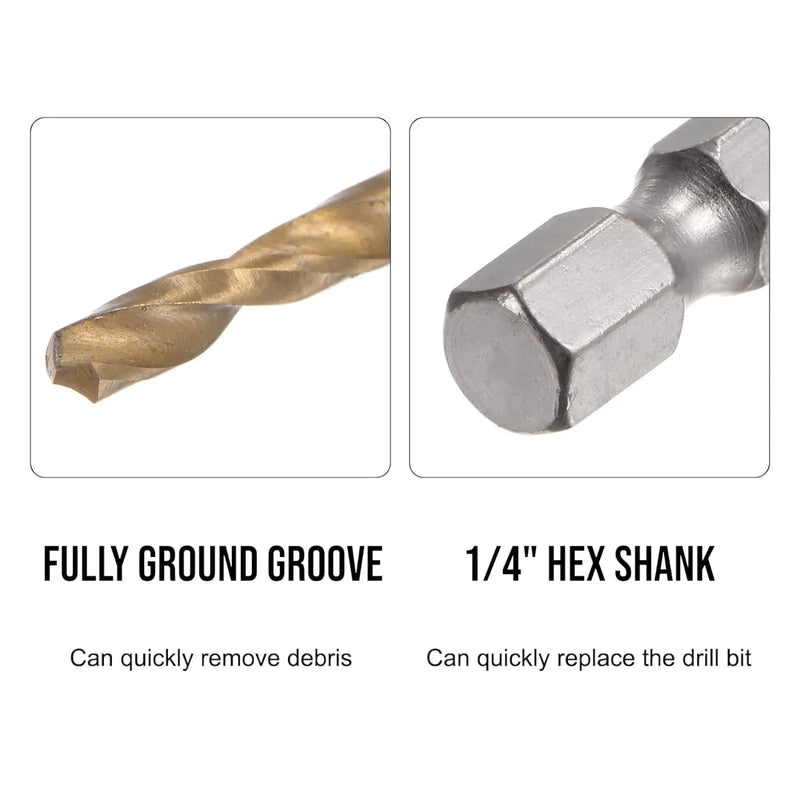 tooltime Drill Bits HSS Drill Bit Set 1/4" Hex Shanks 1.5mm - 4.8mm Titanium Coated Bits Wood Metal