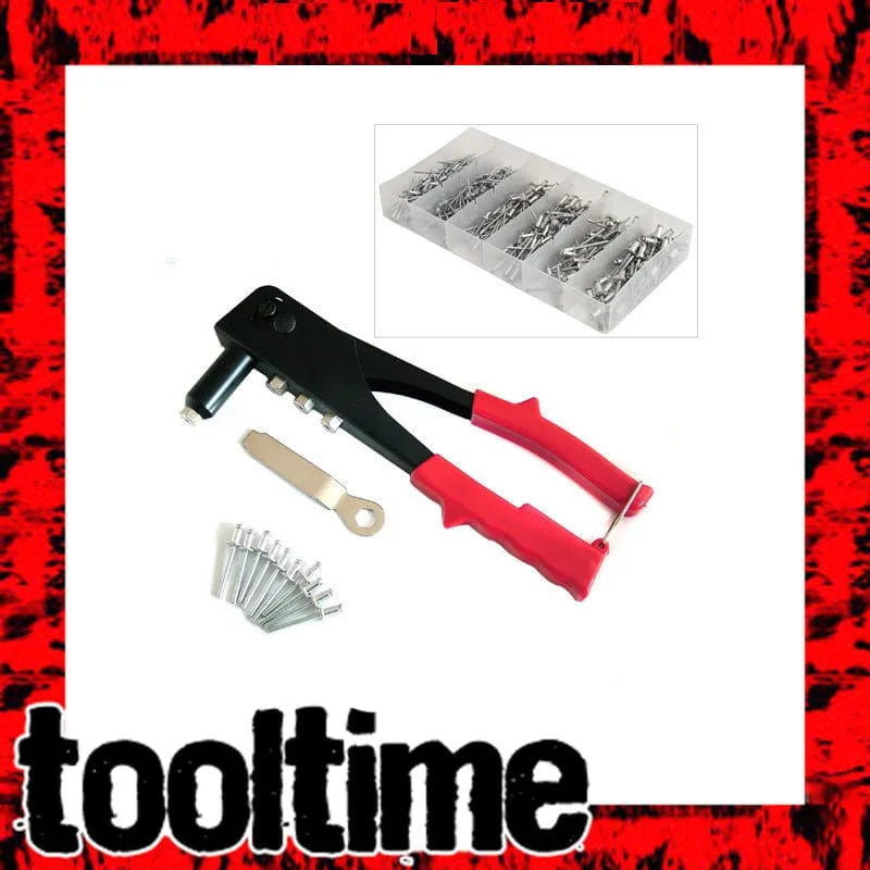 tooltime HEAVY DUTY HAND POP RIVETER TOOL + 395 ASSORTED RIVETS - 4 NOZZLE HEAD RIVET GUN