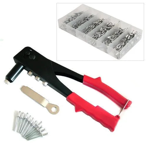 tooltime HEAVY DUTY HAND POP RIVETER TOOL + 395 ASSORTED RIVETS - 4 NOZZLE HEAD RIVET GUN