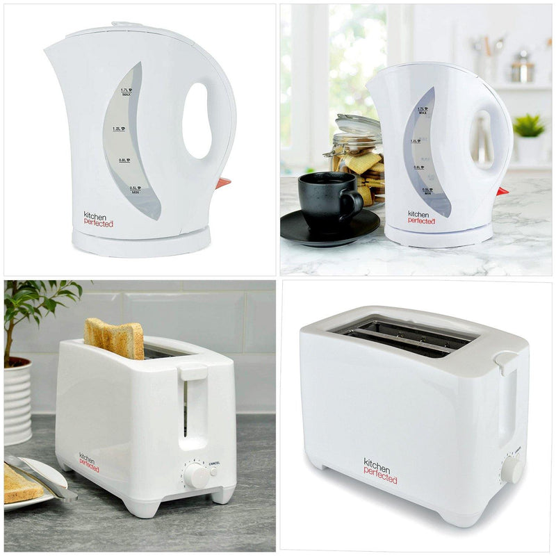 tooltime kettle White 1.7Ltr Electric Cordless Kettle + 2 Slice Wide Slot Cool Touch Toaster Set