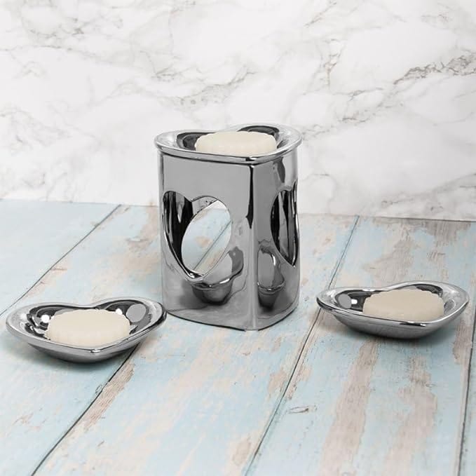 tooltime oil warmer Luxury Ceramic Wax Melt Warmer Oil Burner Tea Light Aroma Heart - Silver 3 DISH