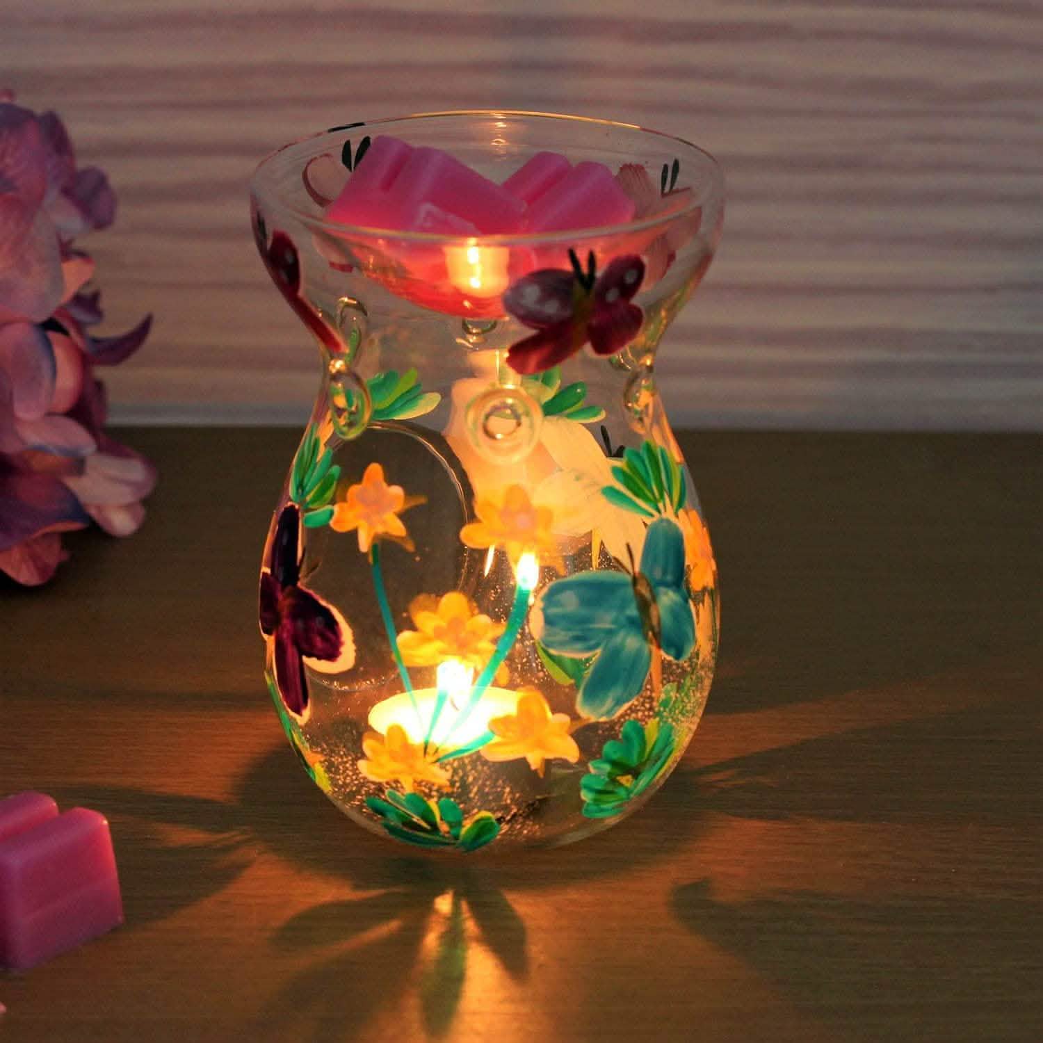 tooltime oil warmer Luxury Glass Round Wax Melt Warmer Oil Burner Tea Light Aroma Butterflies