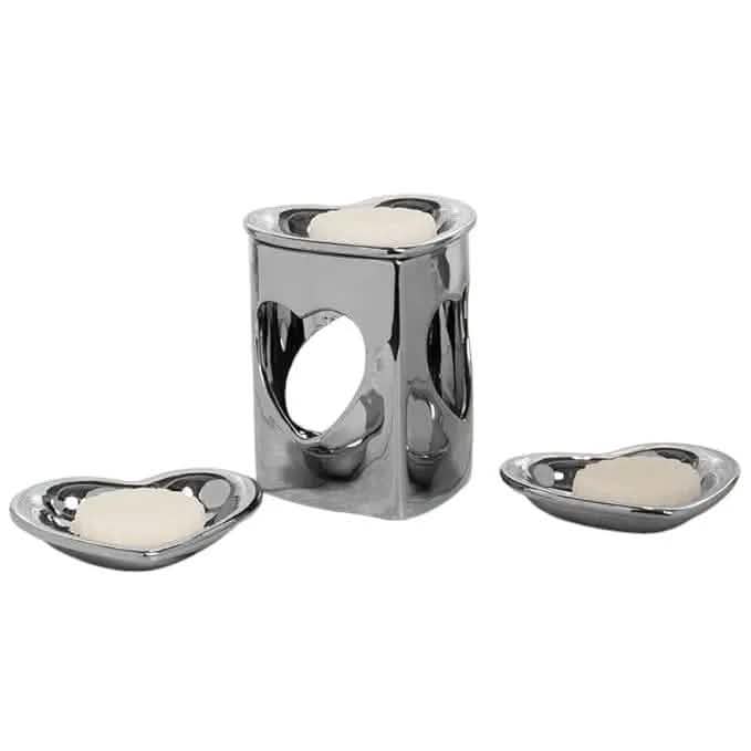 tooltime oil warmer Silver Chrome Finish Heart Ceramic Wax Melt Warmer Oil Burner Aroma 3 DISH