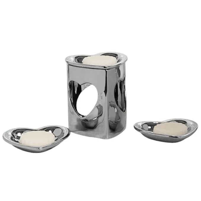 tooltime oil warmer Silver Chrome Finish Heart Ceramic Wax Melt Warmer Oil Burner Aroma 3 DISH