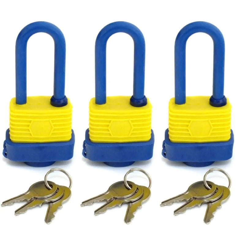 tooltime Padlocks 3 Pack of Steel Padlocks 40mm Long Shank Plastic Covered Waterproof Heavy Duty
