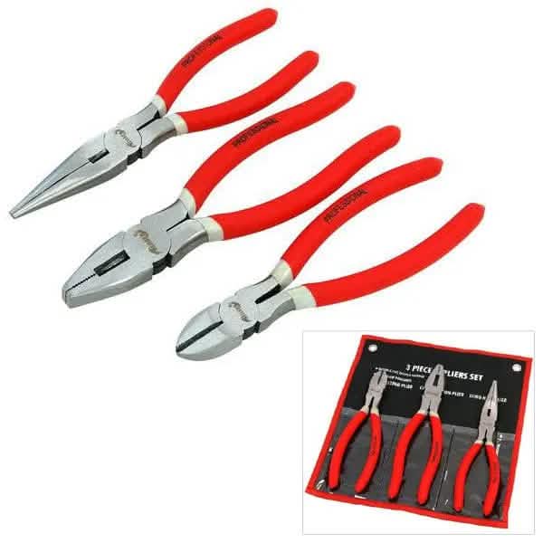 tooltime Pliers 3PC 200mm 8" PLIERS SET NON-SLIP COMBINATION LONG NOSE SIDE CUTTERS & TOOL ROLL