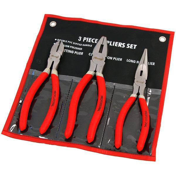 tooltime Pliers 3PC 200mm 8" PLIERS SET NON-SLIP COMBINATION LONG NOSE SIDE CUTTERS & TOOL ROLL